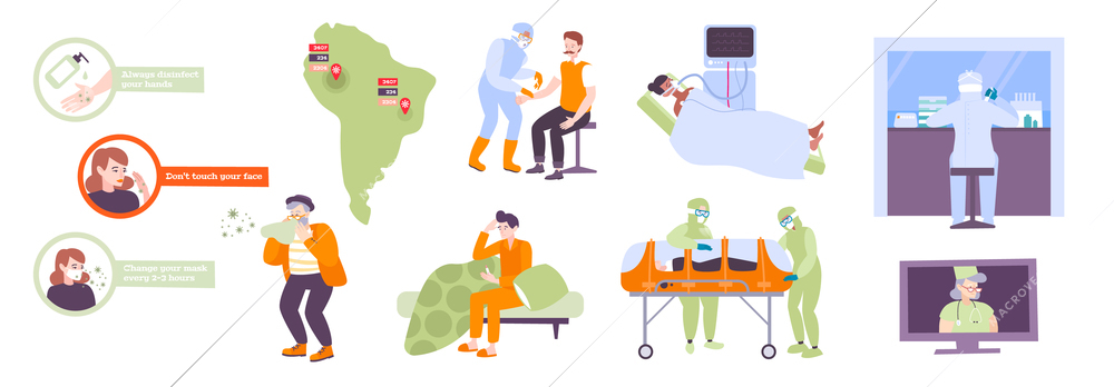 Coronavirus flat icons set with recommendations for prevention and protection from epidemic disease isolated vector illustration