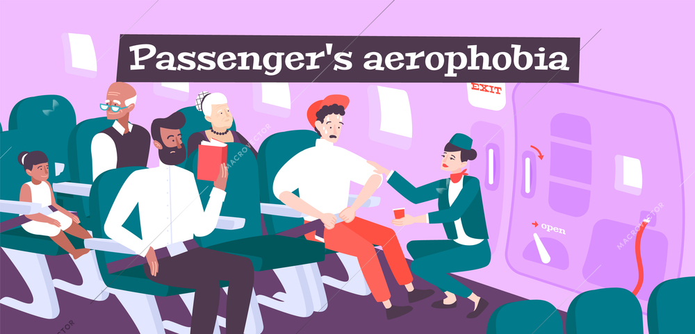 Aerophobia flat background with female flight attendant reassuring afraid passenger sitting in plane chair vector illustration