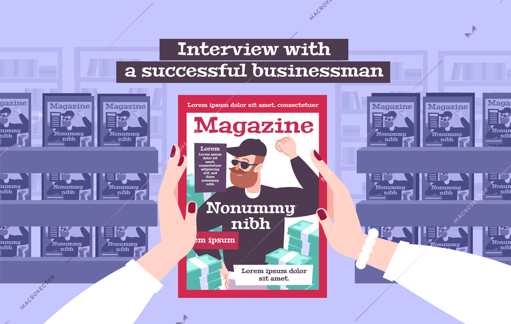 Rich people flat composition with female hands holding magazine containing interview with successful businessman vector illustration