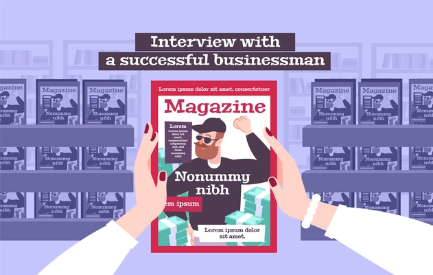 Rich people flat composition with female hands holding magazine containing interview with successful businessman vector illustration