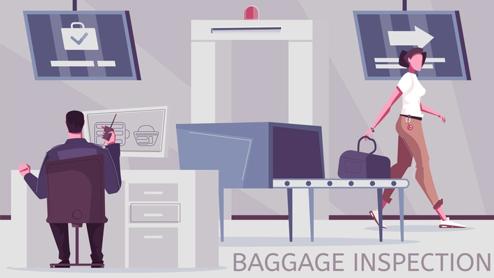 Baggage check flat composition with editable text and border inspection post with equipment for luggage screening vector illustration