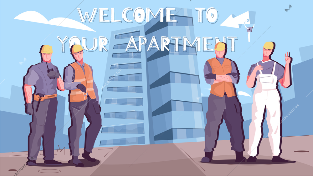 Horizontal apartment sale new building banner with group of workers and welcome to your apartments headline vector illustration