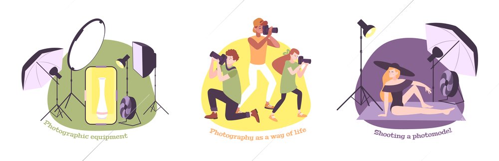 Photo school photography education set of three compositions with flat camera accessories lighting equipment and people vector illustration