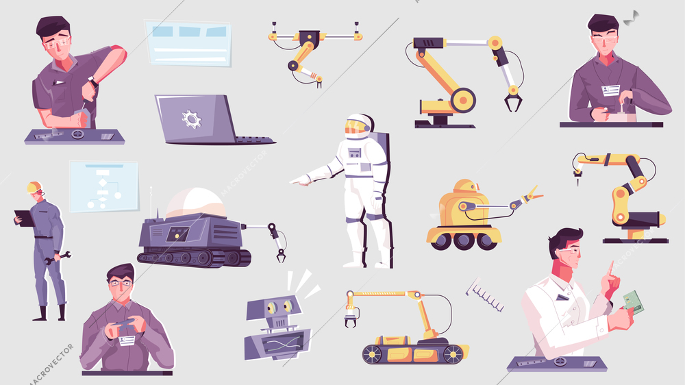 Set of isolated robotics icons and flat images of intelligent robots and manipulators controlled by people vector illustration