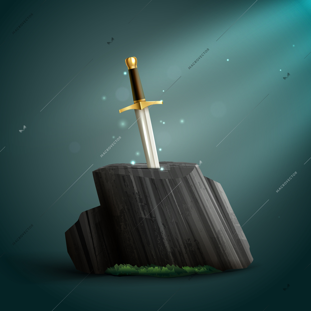 Sharp shiny dazzling steel sword with a golden handle thrust into petrified wood background realistic vector illustration