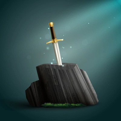 Sharp shiny dazzling steel sword with a golden handle thrust into petrified wood background realistic vector illustration