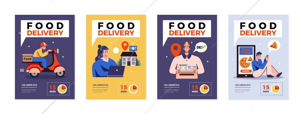 Food  delivery within 15 minutes advertising posters set with phone number for call isolated vector illustration