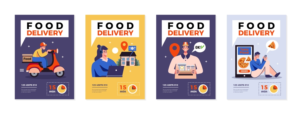 Food  delivery within 15 minutes advertising posters set with phone number for call isolated vector illustration