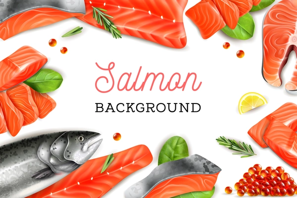 White background with frame consisting of   salmon pieces lemon slices sprig of rosemary and red caviar realistic vector illustration