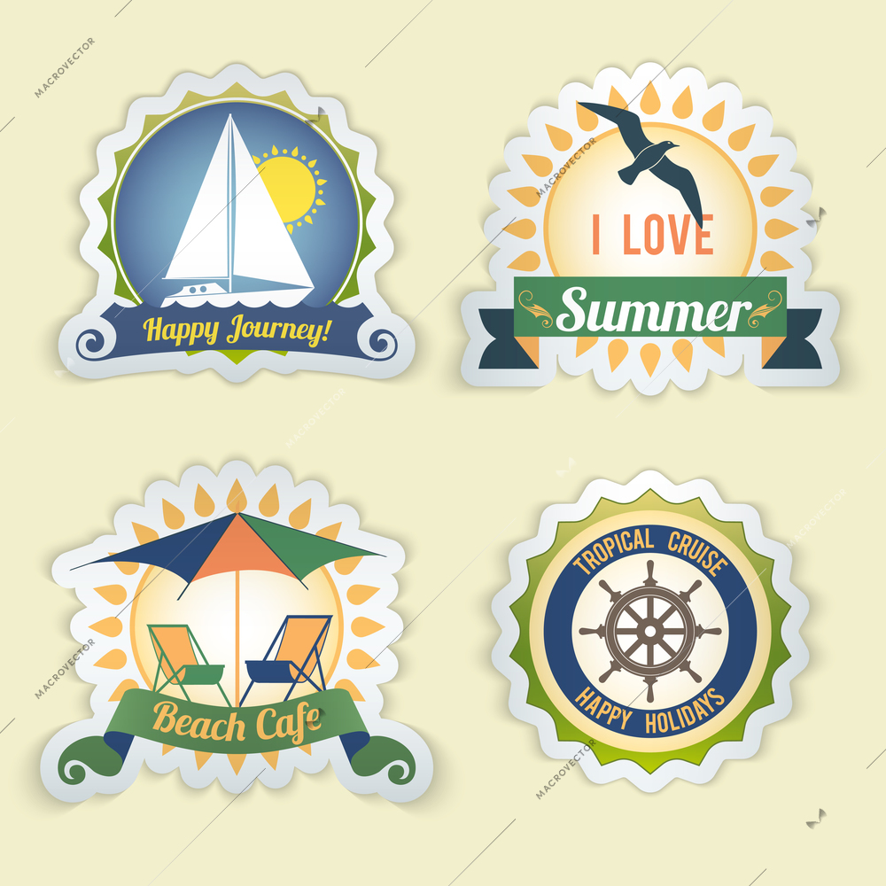 Summer sea retro vacation happy journey beach cafe tropical cruise emblems set isolated vector illustration