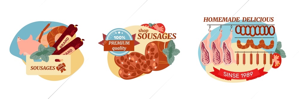 Sausage compositions set with flat images of delicious food meat products with badges and text captions vector illustration