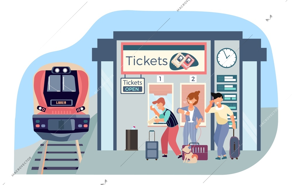 Ticket office railway flat composition with images of arriving train and platform ticketing stall with people vector illustration