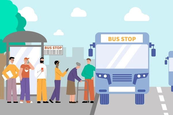Turn people transport flat composition with outdoor landscape and bus stop with passengers standing in queue vector illustration