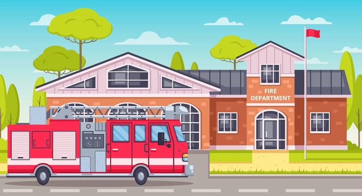 Firefighters cartoon composition with outdoor landscape and fire fighting vehicle in front of fire department building vector illustration