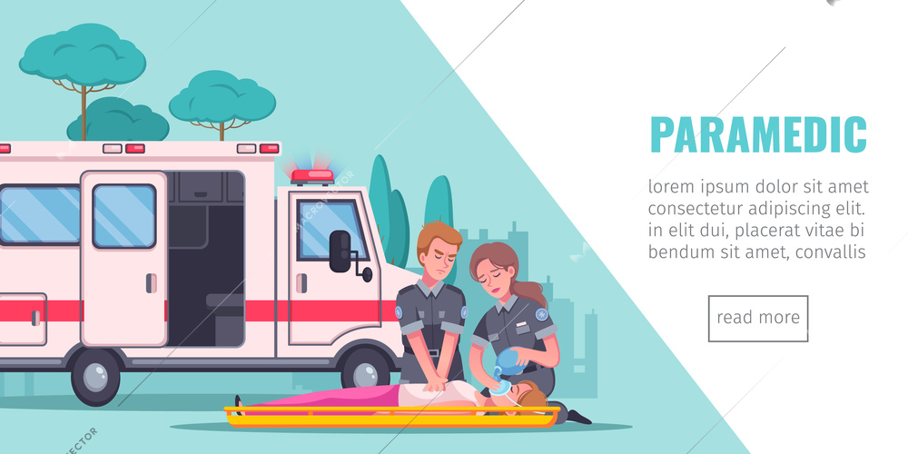 Paramedic emergency ambulance horizontal banner with editable text read more button and cartoon images of doctors vector illustration