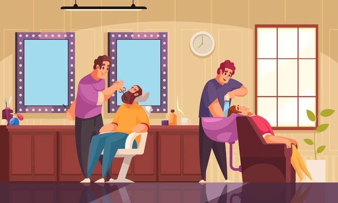 Makeup beautician stylist composition with indoor scenery beauty salon interior and characters of clients with specialists vector illustration