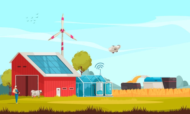 Smart farm composition with outdoor view of farmstead solar batteries turbines and machinery with remote control vector illustration