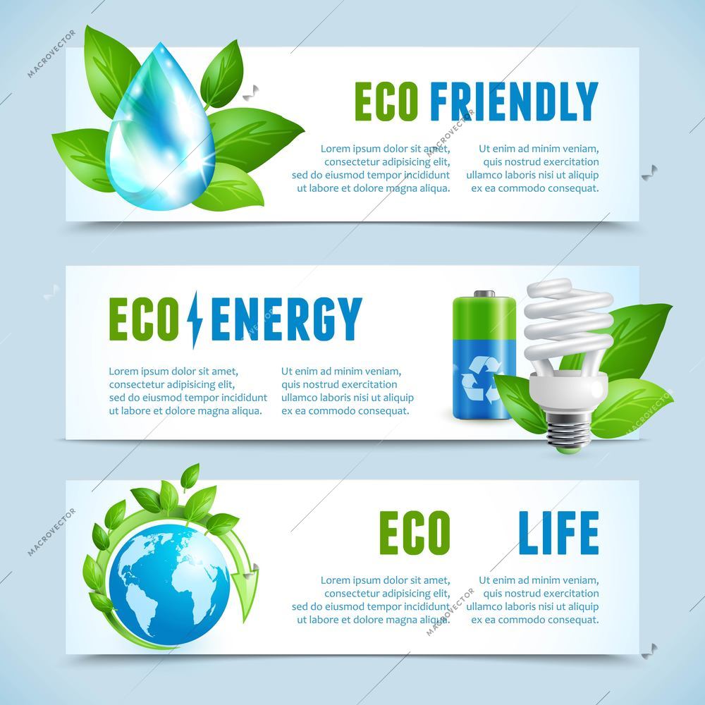 Ecology and green energy eco friendly life concept horizontal banners isolated vector illustration