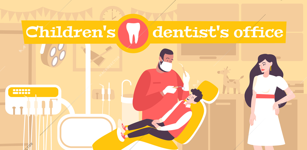 Children dentistry flat composition with text and indoor dental clinics office scenery with kid and dentist vector illustration