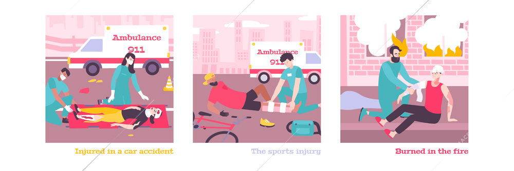 First aid set of square compositions with ambulance cars and doctors assisting people with editable text vector illustration