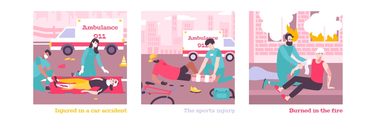 First aid set of square compositions with ambulance cars and doctors assisting people with editable text vector illustration