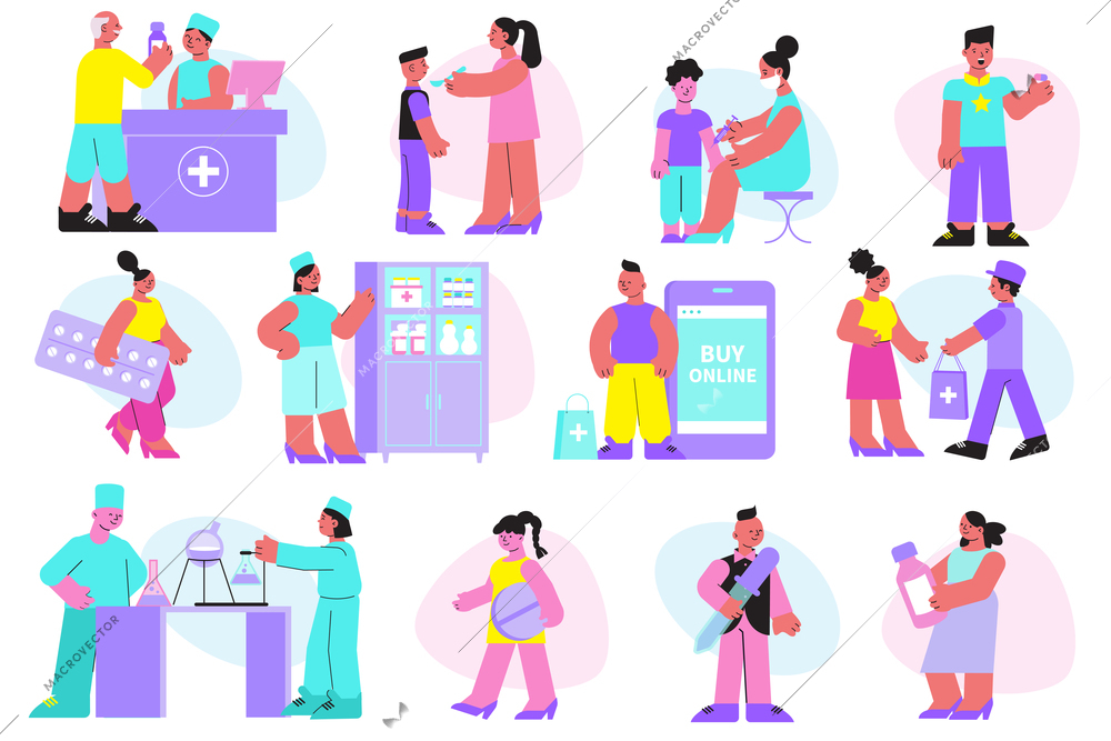 Pharmaceutical characters flat set of medical staff working in lab drugstore vaccinate children isolated vector illustration