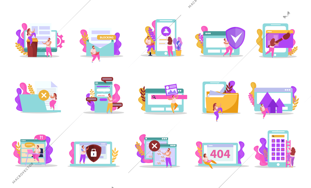 Computer users flat recolor set of isolated icons and compositions of human figures in virtual windows vector illustration