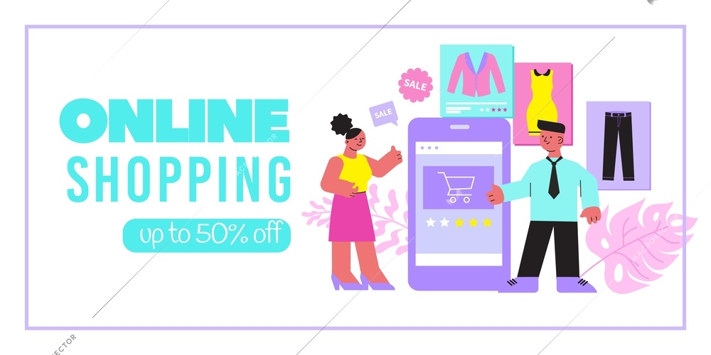 Online shopping banner with 50 percent discount advertising smartphone and sale icons flat vector illustration