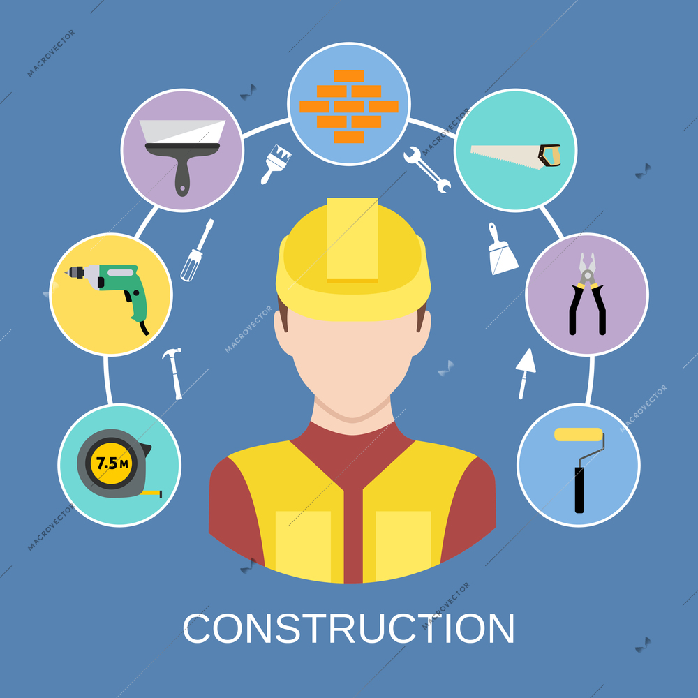 Engineer silhouette avatar and builder and construction industry instrument assortment icons set vector illustration