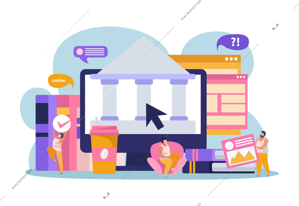 E-learning home schooling flat composition with small human characters thought bubbles and books with windows vector illustration