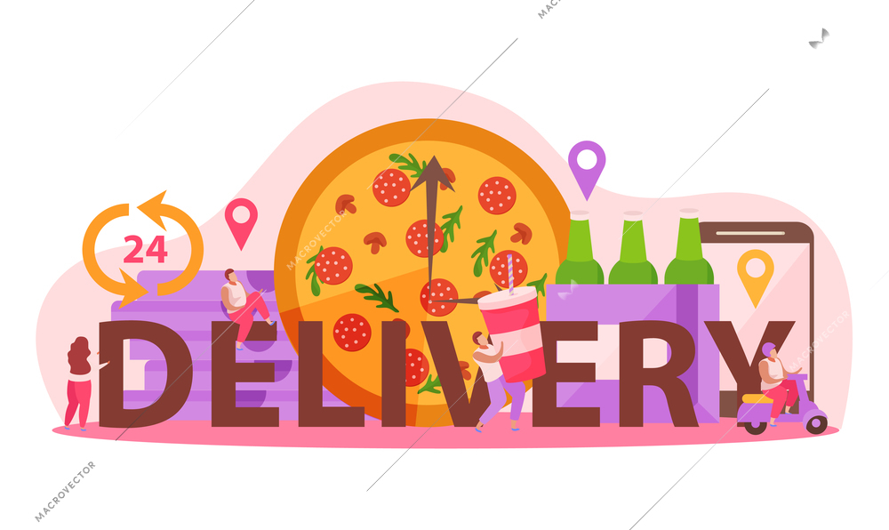 Food delivery flat composition with text and pizza clock with location signs package boxes and people vector illustration