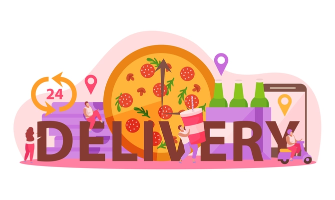 Food delivery flat composition with text and pizza clock with location signs package boxes and people vector illustration