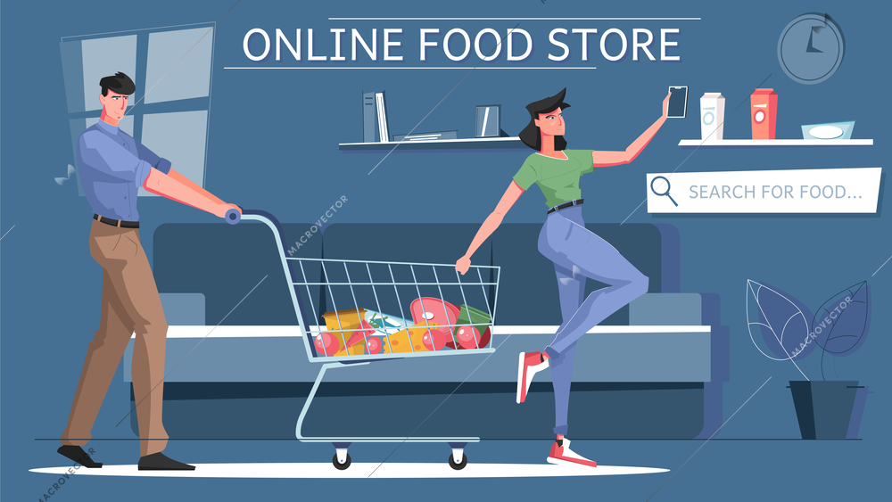 Online grocery store flat composition with search for food description and online food store headline vector illustration