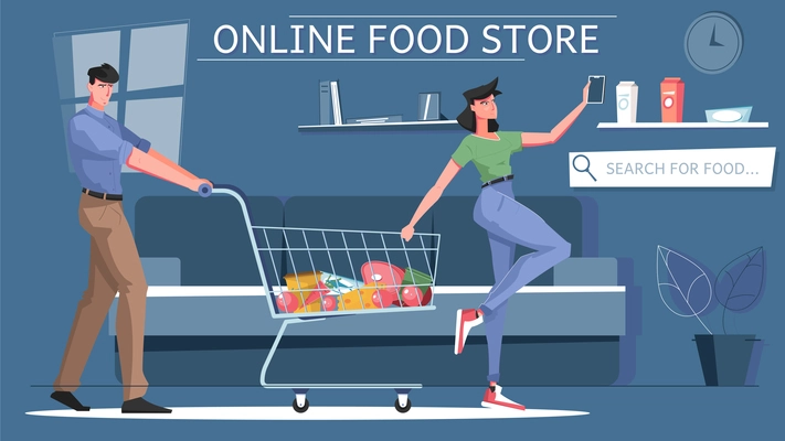 Online grocery store flat composition with search for food description and online food store headline vector illustration