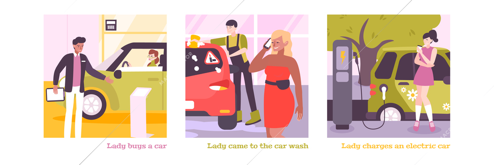 Woman driving square compositions set with text captions and outdoor scenes with female drivers and cars vector illustration