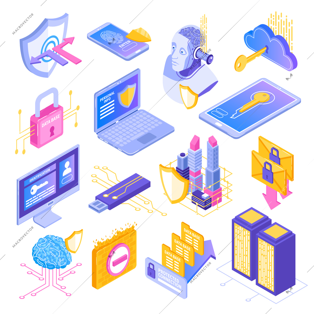 Cyber security data protection isometric symbols set with padlock shields smartphone screen key locked cloud vector illustration