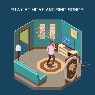 Stay at home concept with sing songs symbols isometric  vector illustration