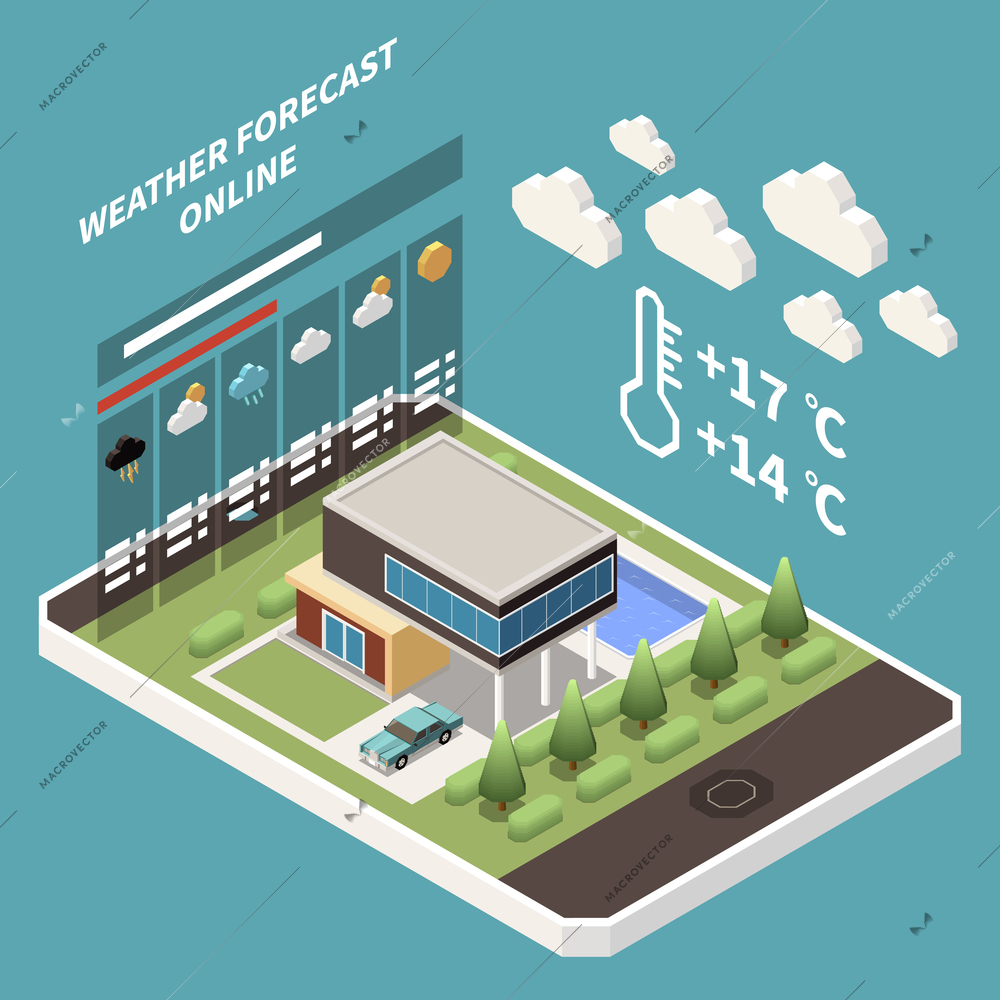 Weather forecast isometric concept with weather forecast and meteorology symbols vector illustration