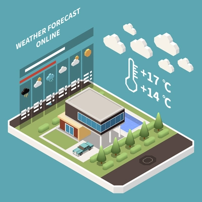 Weather forecast isometric concept with weather forecast and meteorology symbols vector illustration