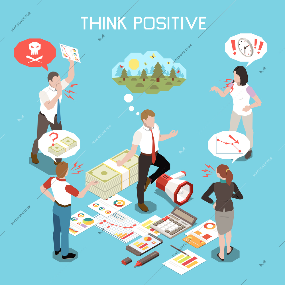 Stress management concept with positive mind symbols isometric vector illustration