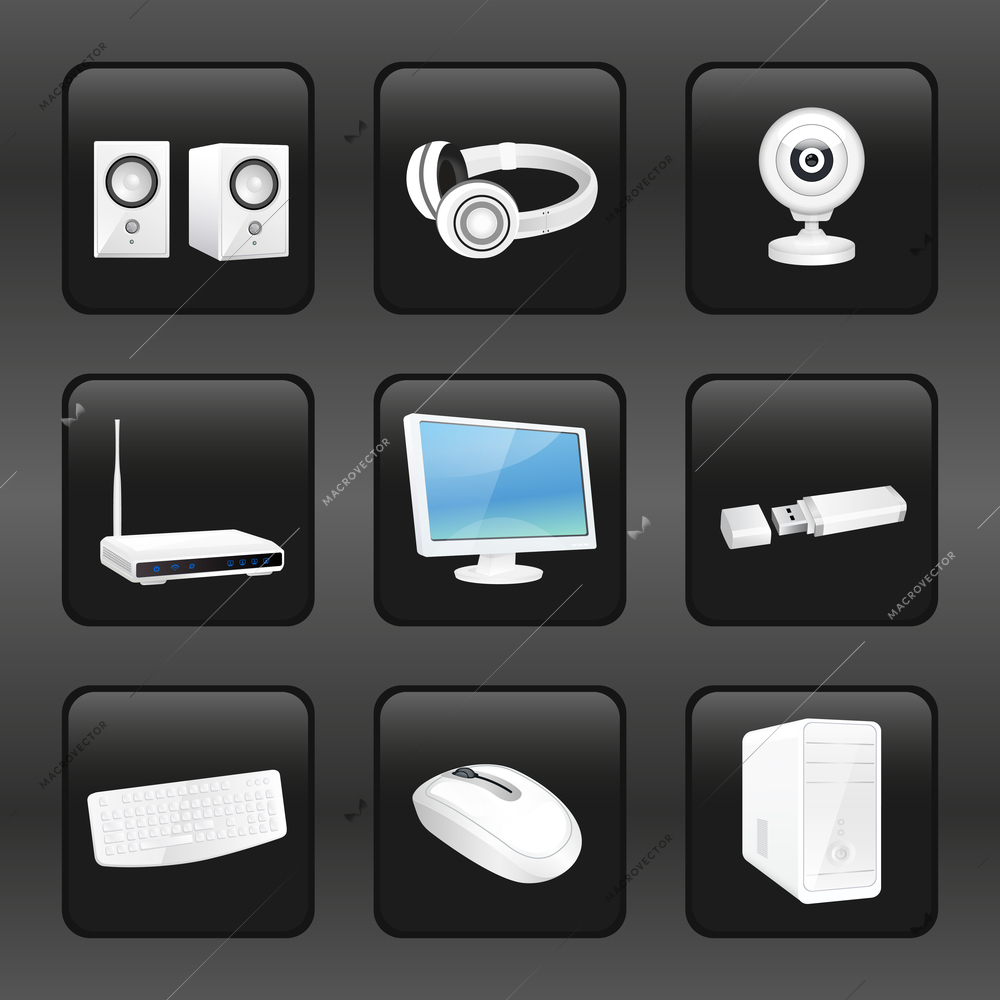 Computer and accessories icons set of headphones camera router isolated vector illustration.