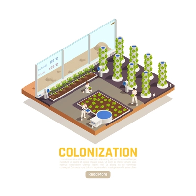 Space colonization terraforming isometric background with people gardening earth plants in hothouse building with extraterrestrial environment vector illustration