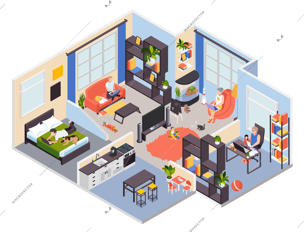 Family home remote work with laptop isometric view of bedroom living room mother with baby vector illustration