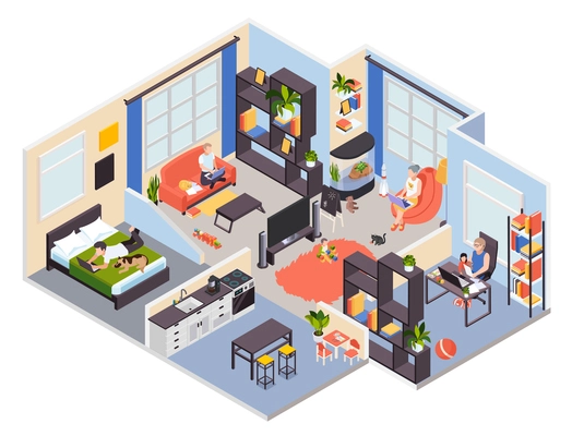 Family home remote work with laptop isometric view of bedroom living room mother with baby vector illustration