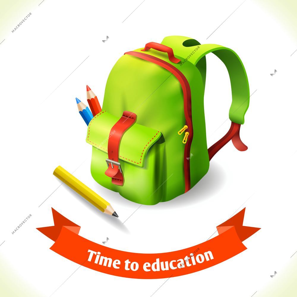 Realistic green backpack with pencils education icon vector illustration