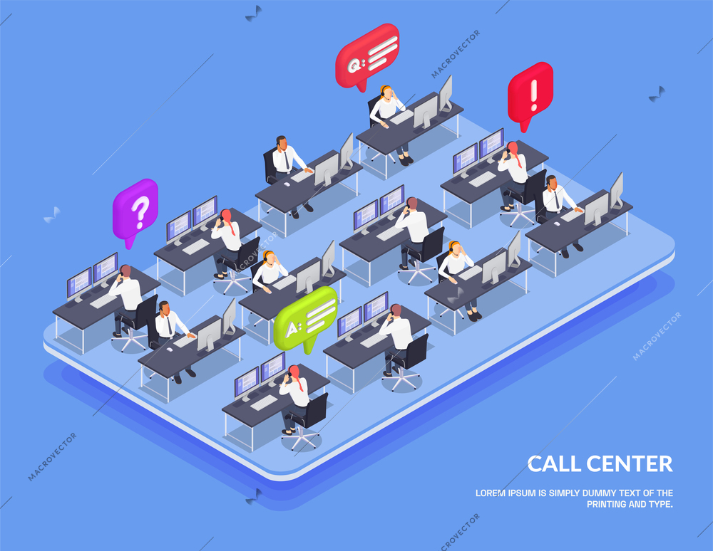 Customer service isometric and colored composition open space with operators online call center and chat vector illustration