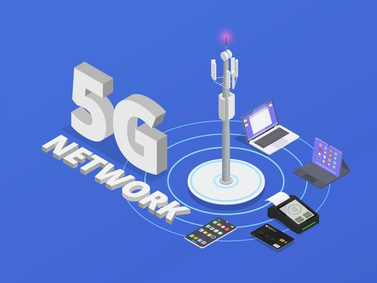 Colored and isometric wireless technologies isometric composition with five g network description vector illustration