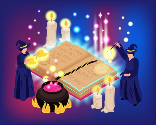 Magic rituals isometric compositions with magicians in wizard robes brewing potion glowing candle lights background vector illustration