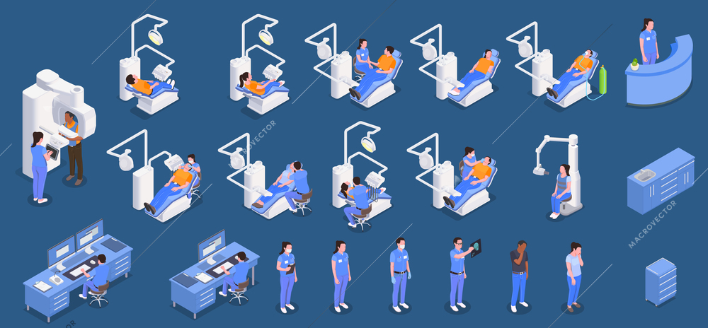 Stomatology clinic isometric set with dental care and hygiene symbols isolated vector illustration