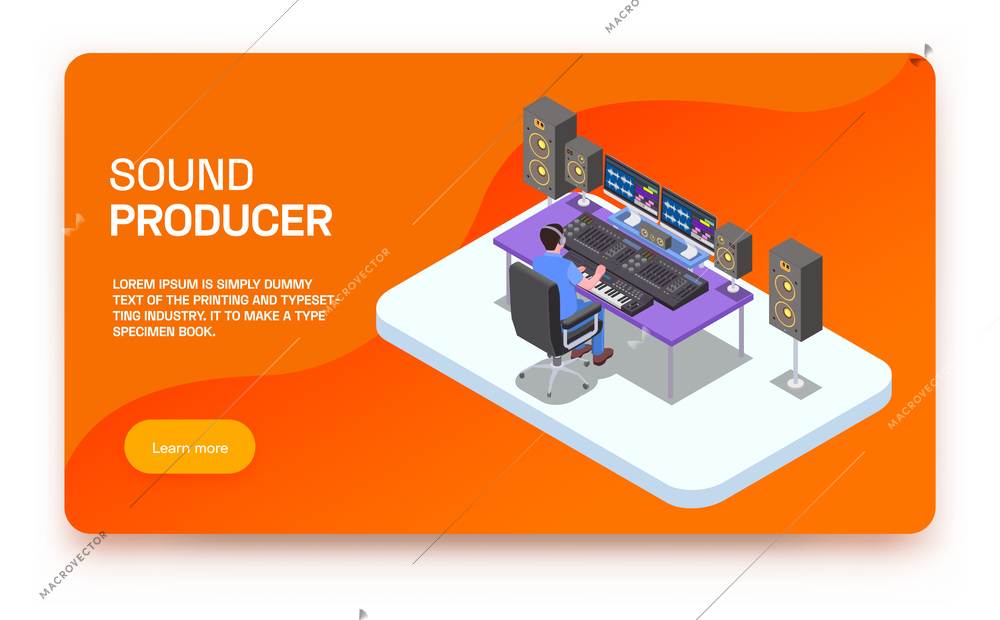 Sound producer poster with radio studio symbols isometric vector illustration